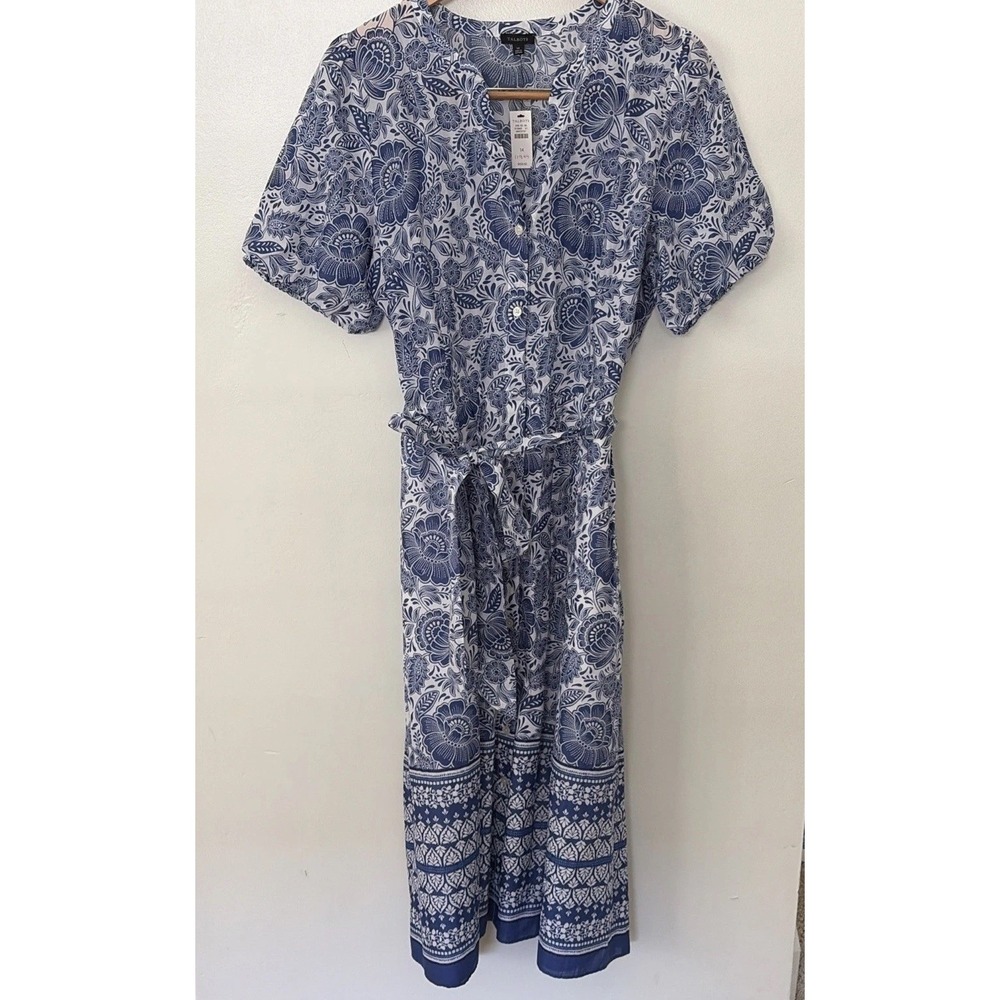 New Talbots Blue White Floral Dress Belted Cotton Size 14 Short Sleeve